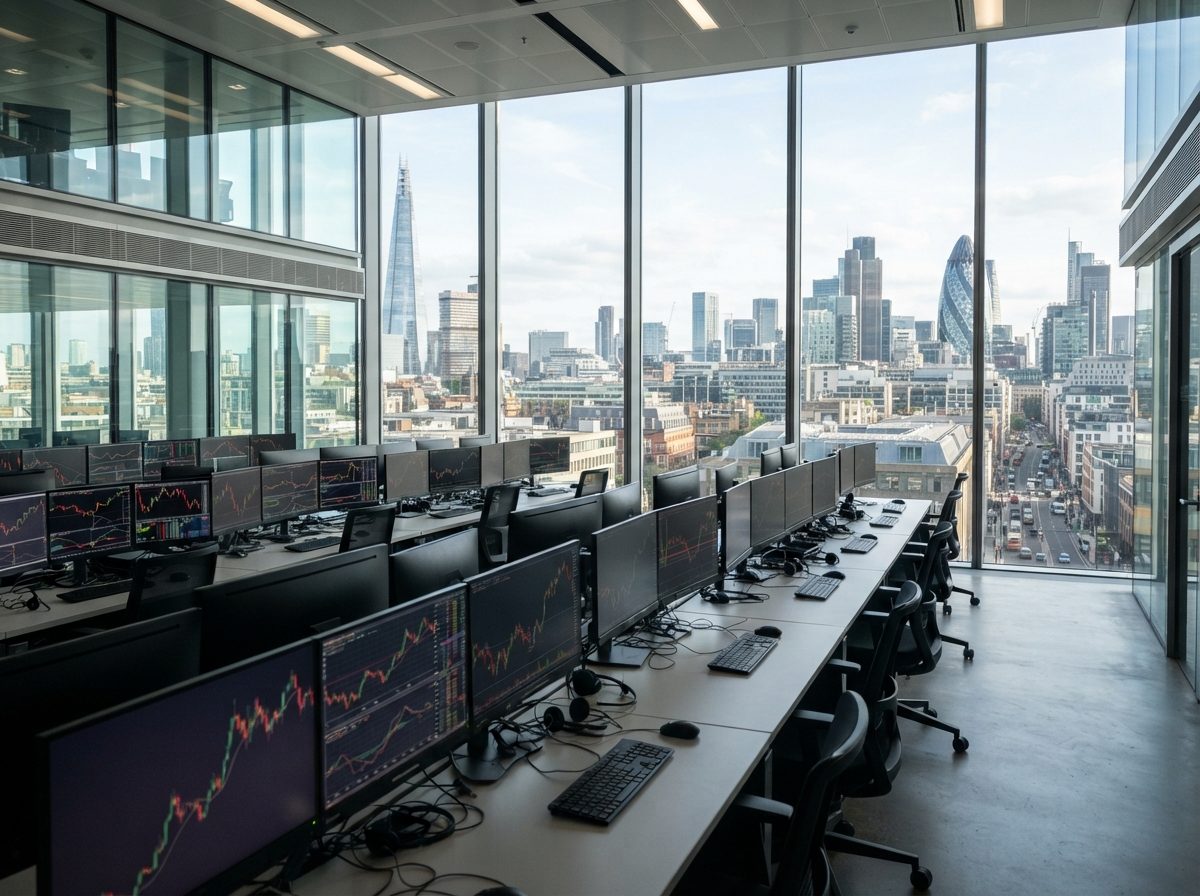 An empty modern trading floor with glowing monitors overlooking a city skyline through large windows.