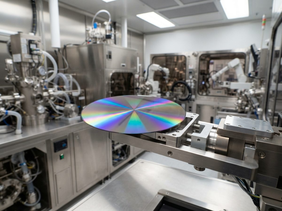 A reflective silicon wafer held by a robotic arm inside a semiconductor fabrication cleanroom.