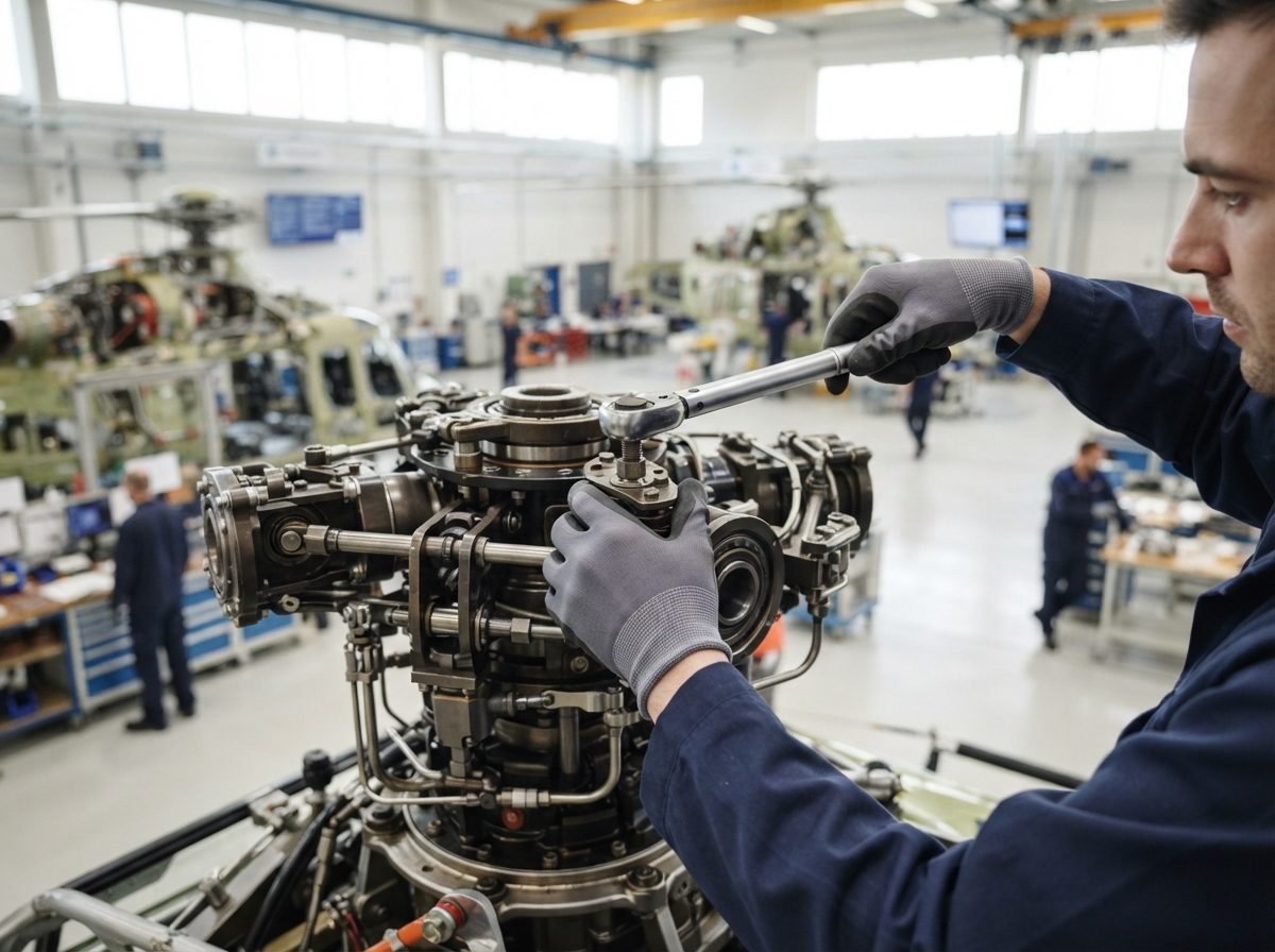 An engineer assembling a precision metal component inside a bright aerospace manufacturing facility.