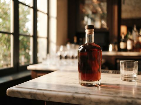 A single bottle of premium spirits on a marble bar counter in bright natural light.