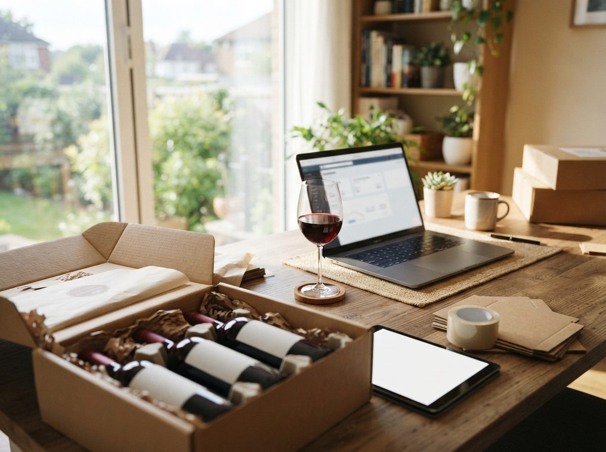 A wine bottle being packed into a subscription box on a wooden table in natural light.