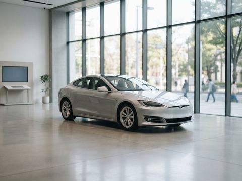 A sleek electric luxury sedan displayed in a bright, modern showroom.