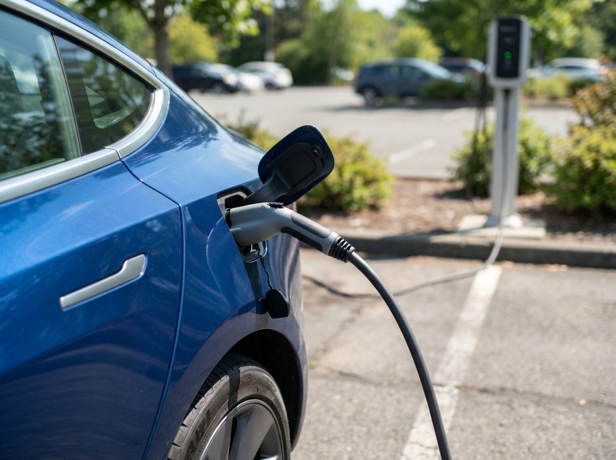 An electric vehicle charging cable plugged into a car's charging port in daylight.