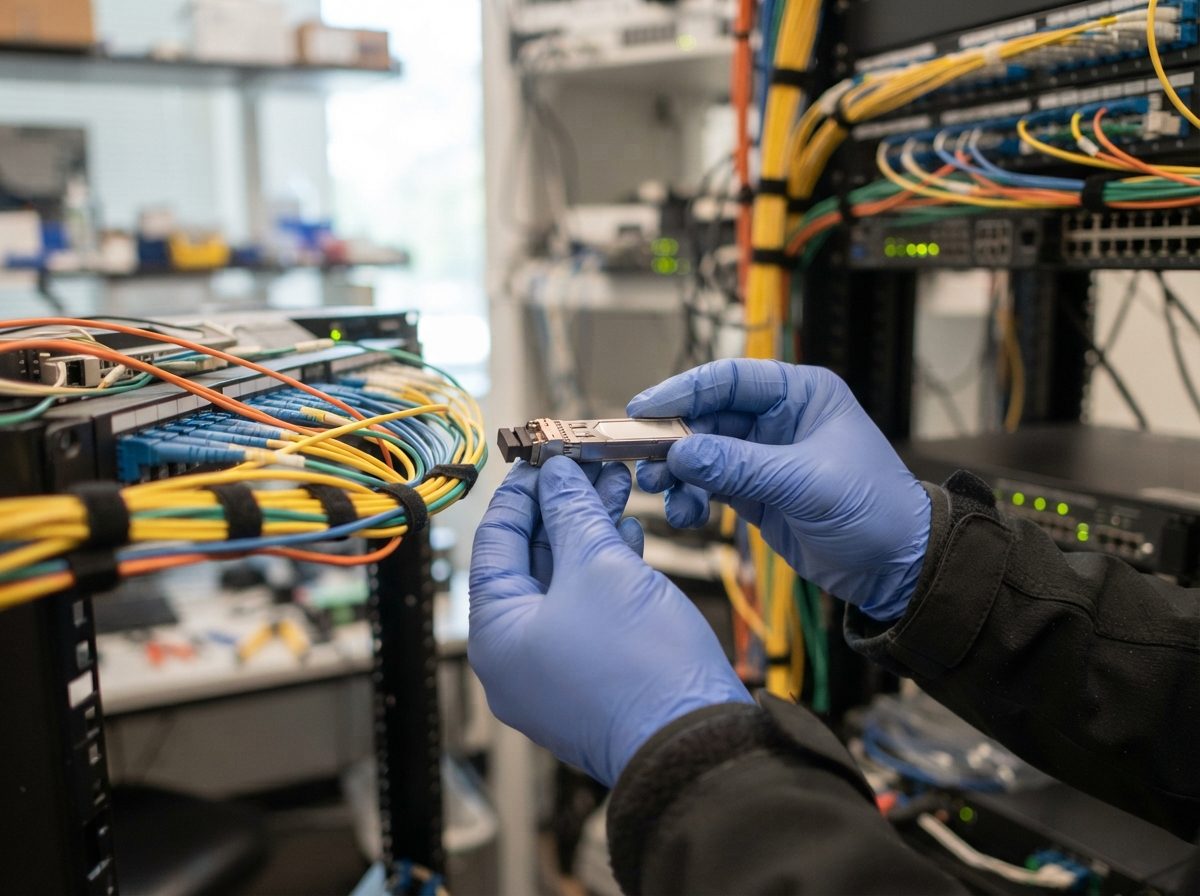 Technician holding an optical networking transceiver module beside fiber optic cables in a lab.