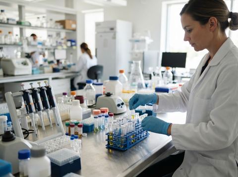 A brightly lit clinical research laboratory with vials and pipettes on a stainless steel bench.