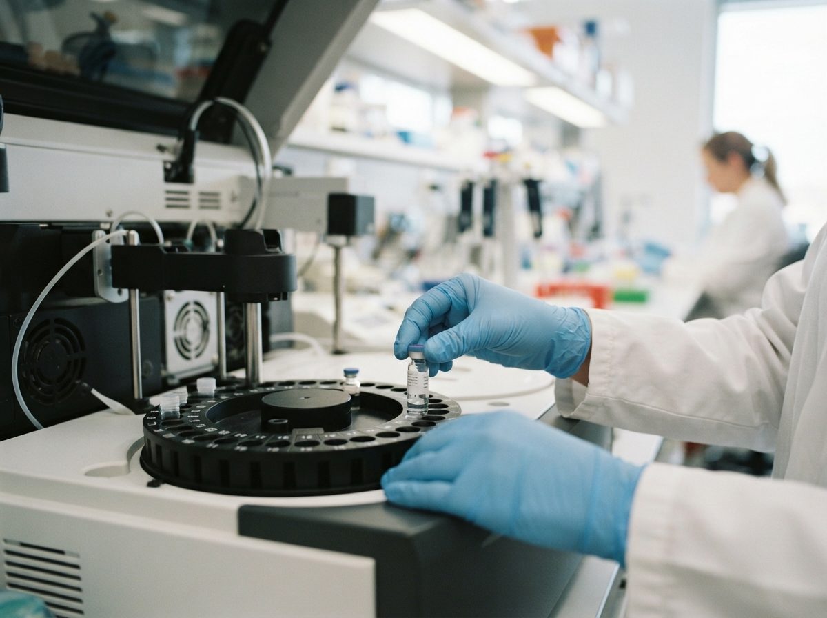 A technician's gloved hands loading labeled sample vials into a laboratory analyzer.
