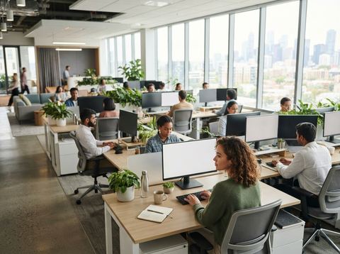 A bright modern tech office with clean workstations and natural light streaming through large windows.