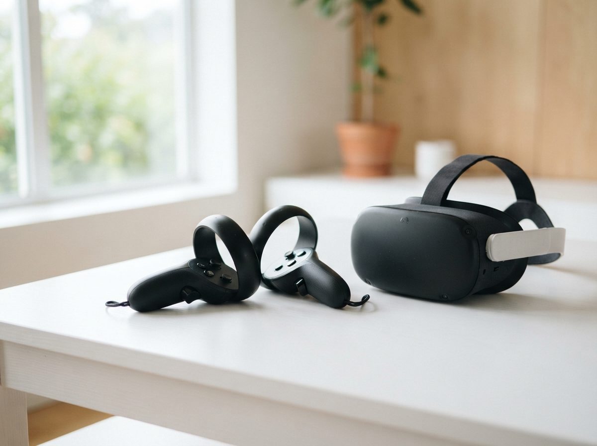 A virtual reality headset and controllers resting on a minimalist desk in soft daylight.