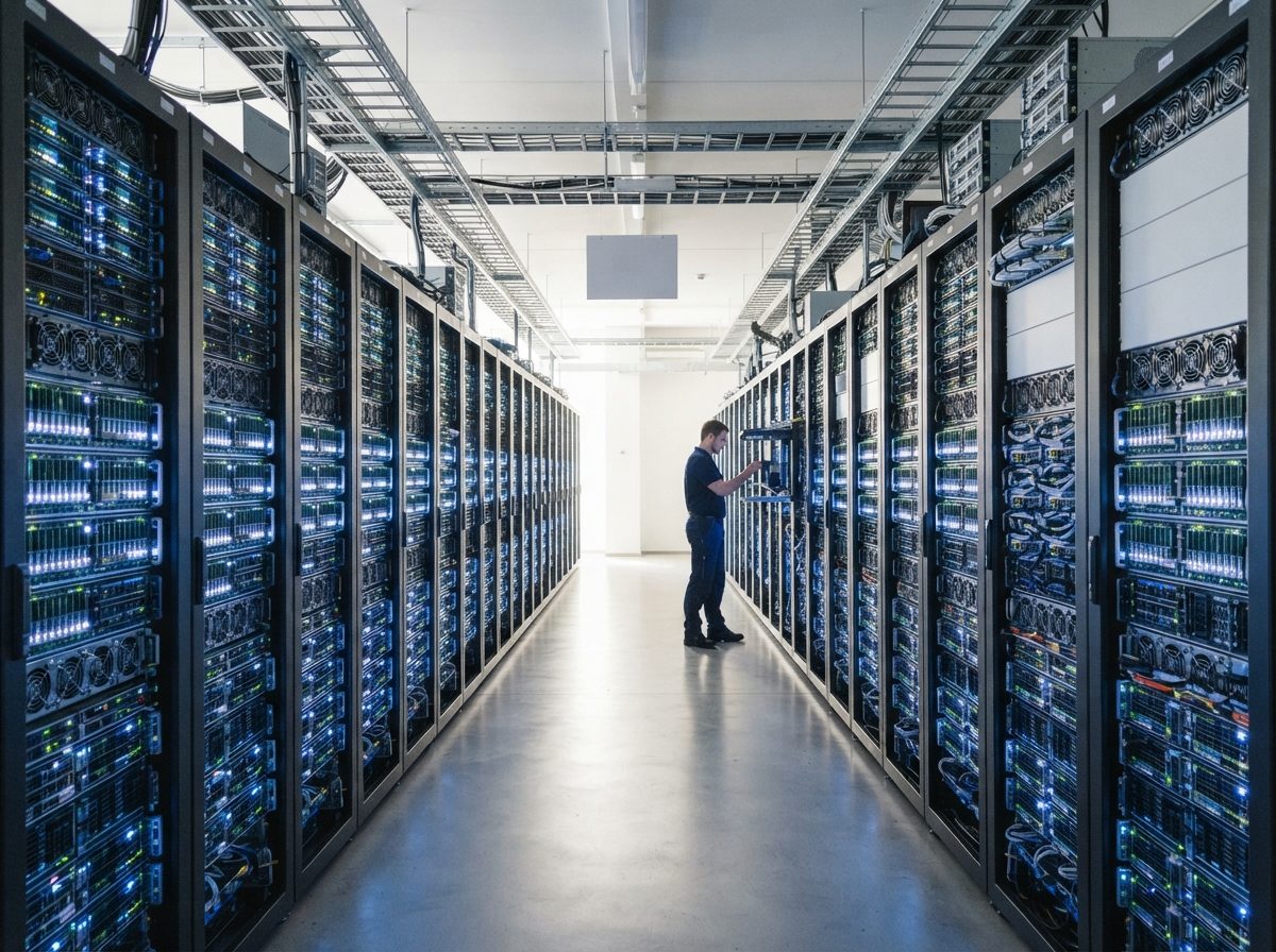 Rows of illuminated server racks holding memory modules inside a data center.