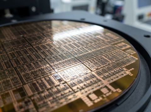 Macro view of a silicon memory chip wafer with reflective circuit patterns under bright cleanroom light