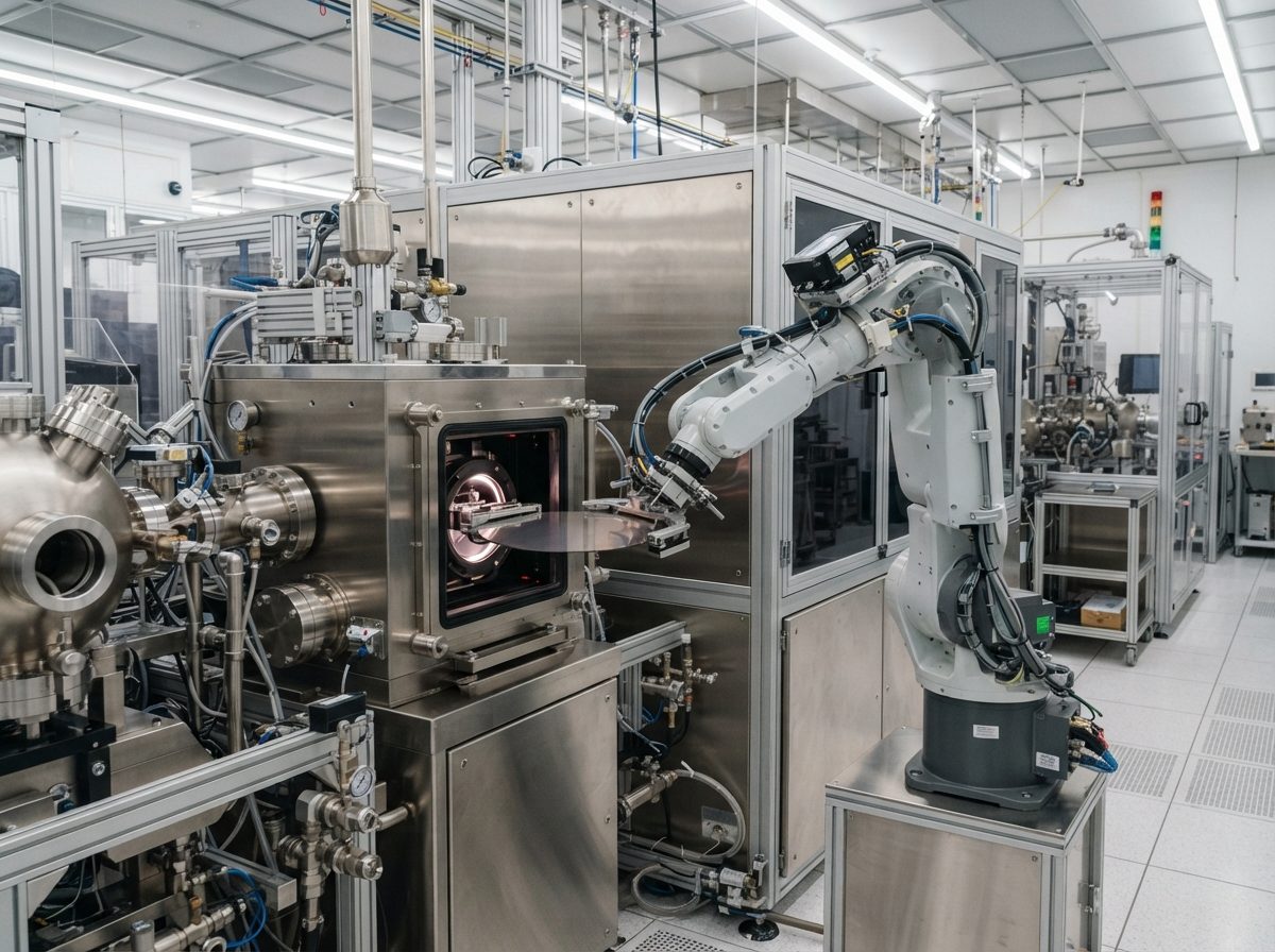 Robotic arm placing a silicon wafer into a semiconductor fabrication chamber inside a cleanroom