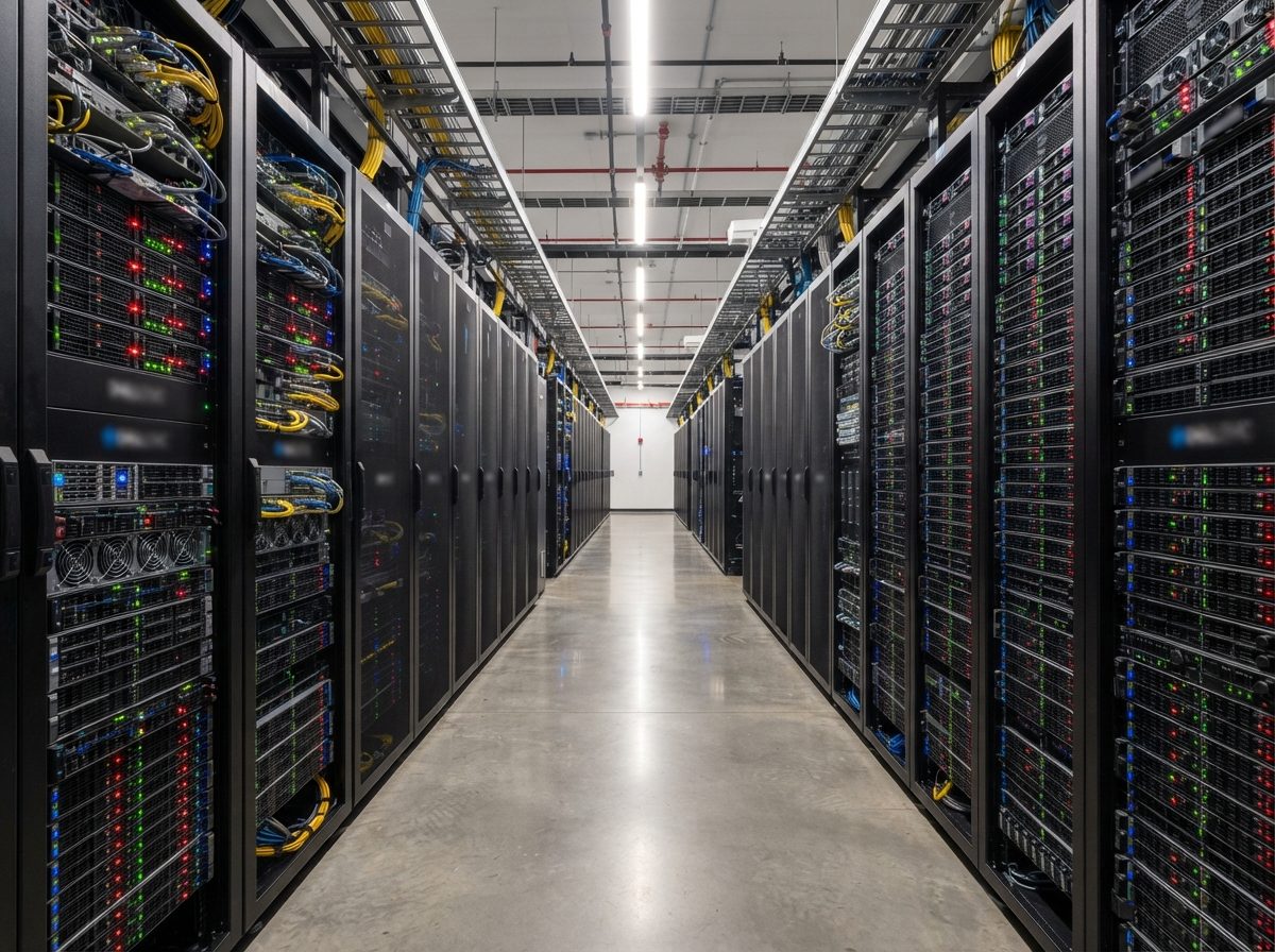 Rows of illuminated server racks inside a bright, modern data center corridor.