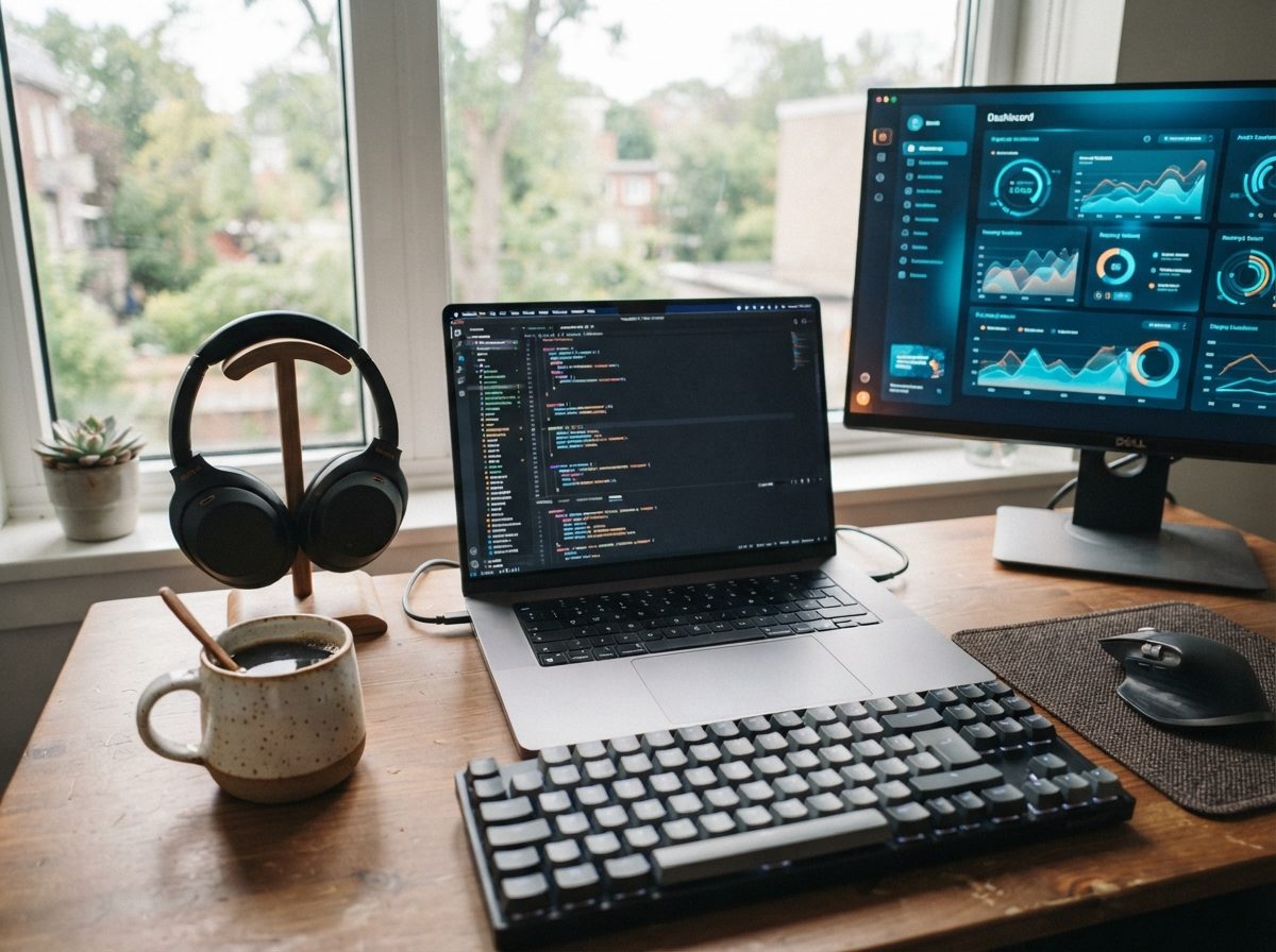 Close-up of a developer's desk with a laptop showing abstract code on screen.