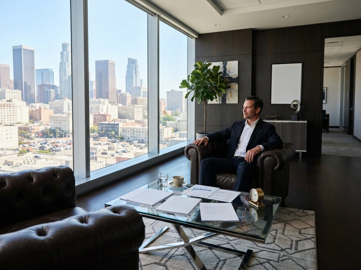 A modern wealth management office lounge with leather seating and a skyline view