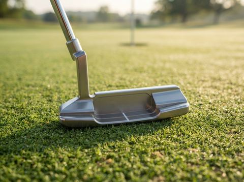 Close-up of a golf putter head on a sunlit putting green, showcasing premium golf equipment design.