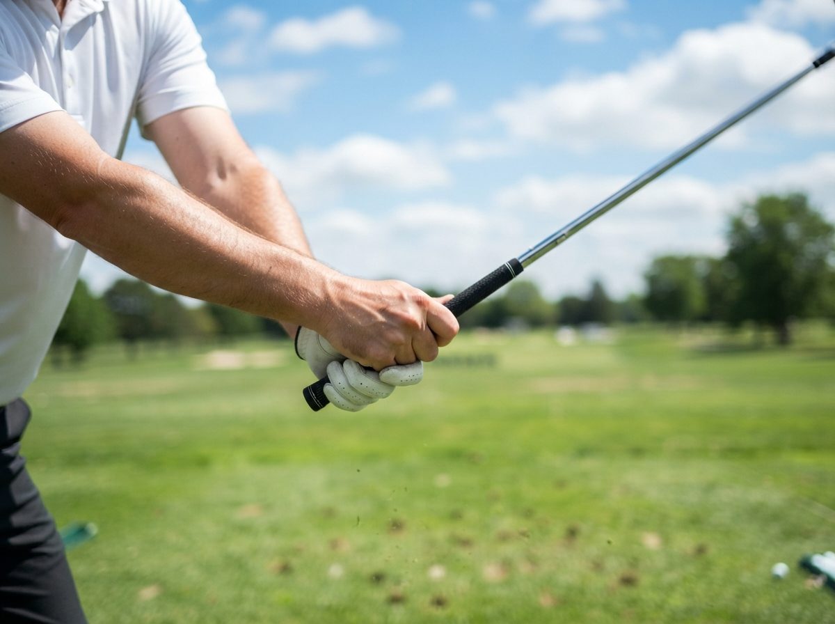 A golfer gripping a club shaft mid-swing on a bright outdoor driving range.