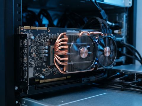 Close-up of a high-performance GPU circuit board with a metallic heatsink glowing under blue server room lighting.