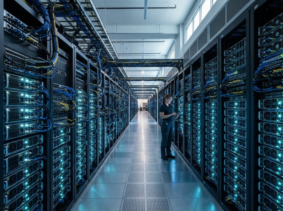 Wide view of illuminated data center server racks filled with GPU computing units stretching into the distance.