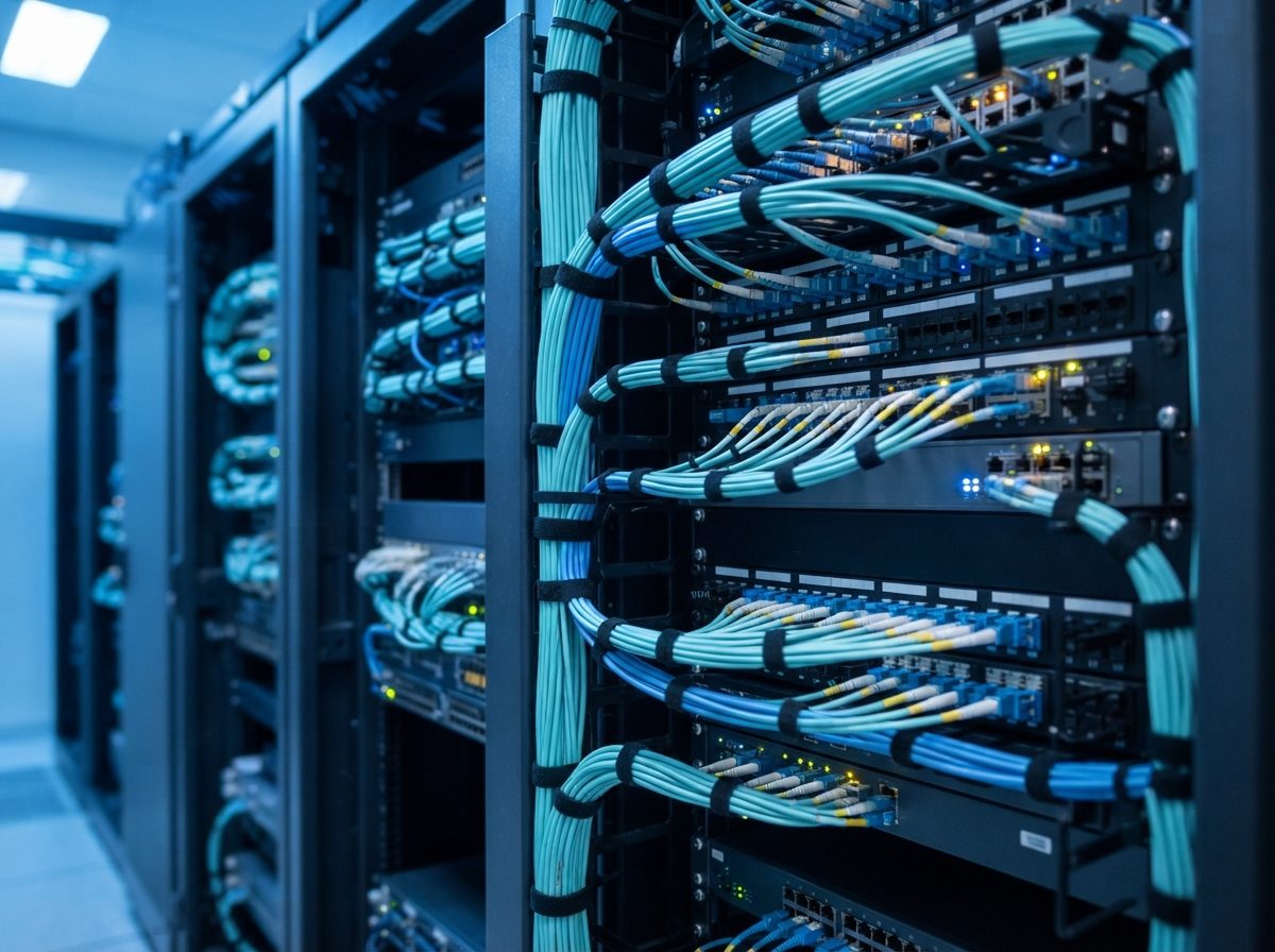 A close-up of dense fiber optic cabling and networking hardware bundled neatly along a data center server rack, illuminated by cool blue ambient light