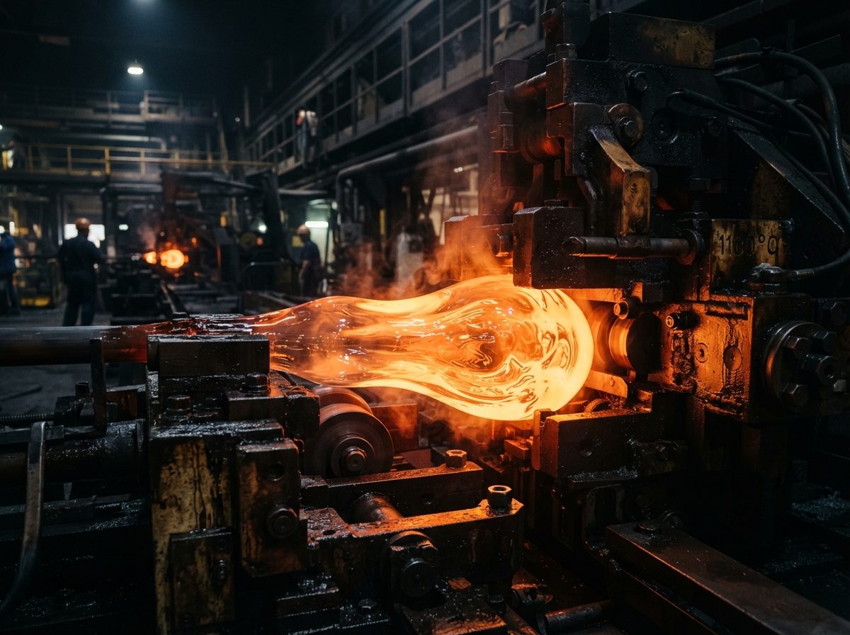 Close-up of glowing molten glass being shaped by machinery on an industrial production line.