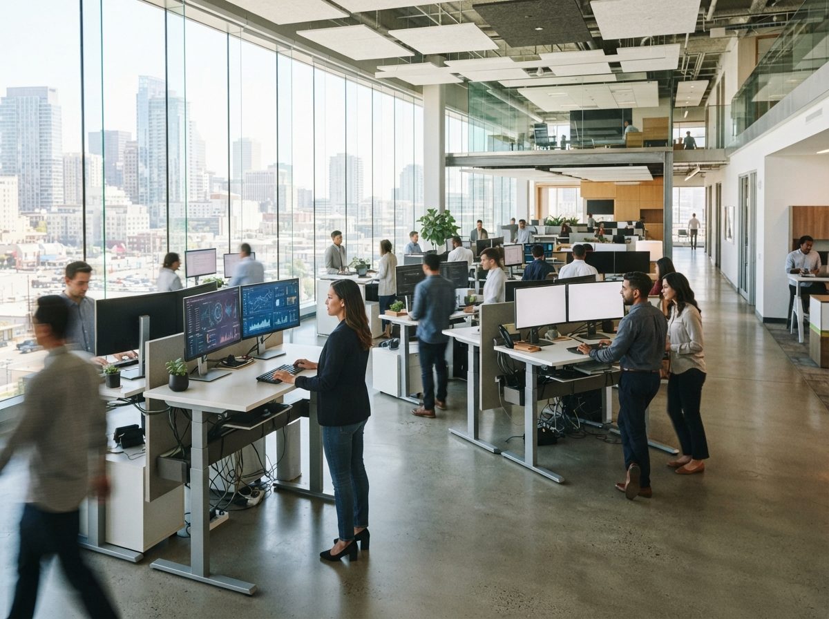 Employees working in a sunlit corporate office with data dashboards displayed on large monitors.