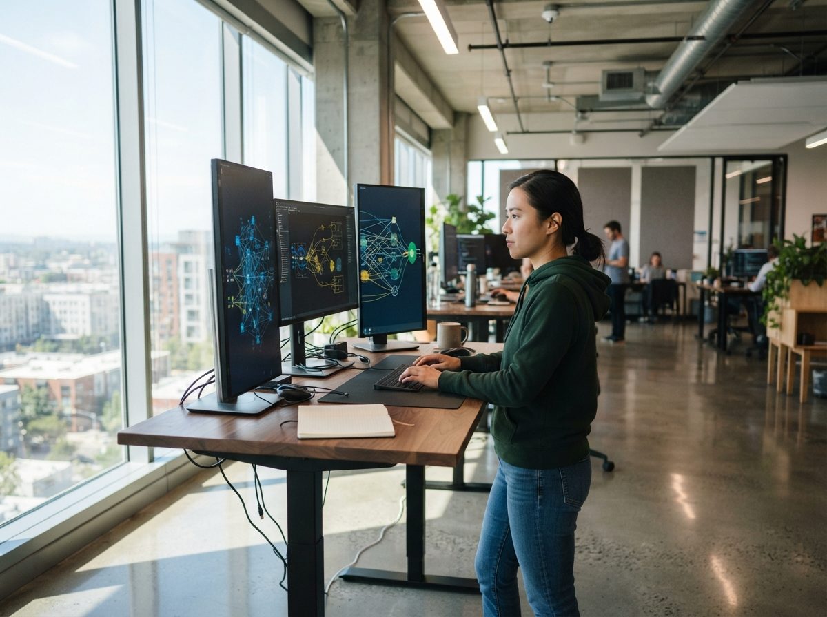 Bright open-plan technology office with multiple monitors displaying abstract data visualizations.