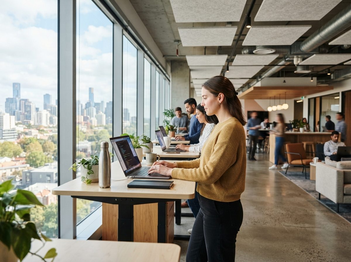 Employees working at standing desks in a bright, modern open-plan office.