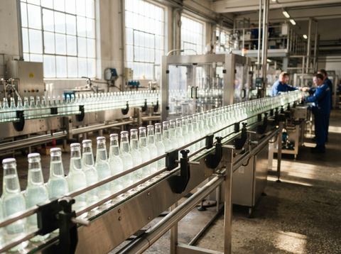 Bright industrial bottling line with glass beverage bottles on a stainless steel conveyor belt.