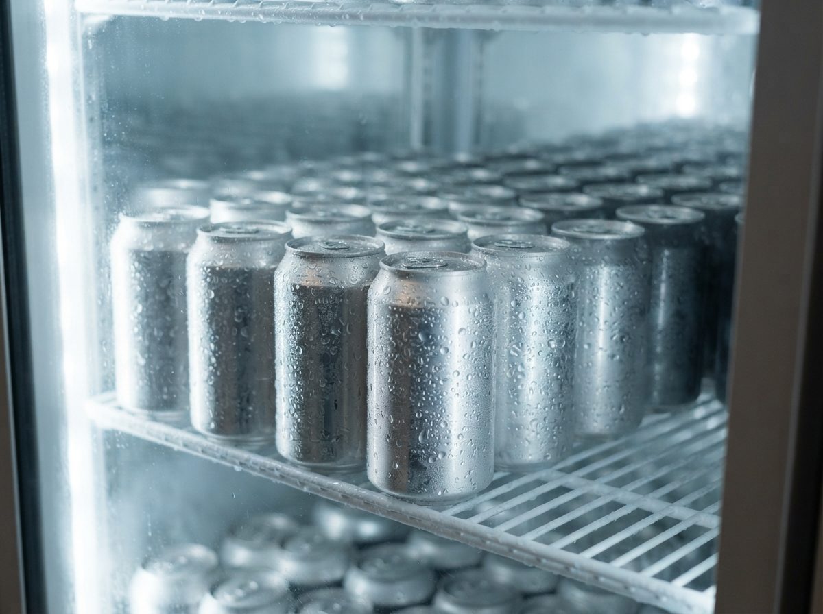 Rows of condensation-covered beverage cans inside a brightly lit refrigerated display case.