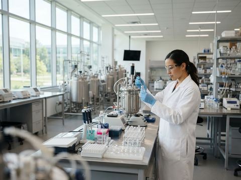 A bright pharmaceutical laboratory with stainless steel equipment and glass vials illuminated by natural light.