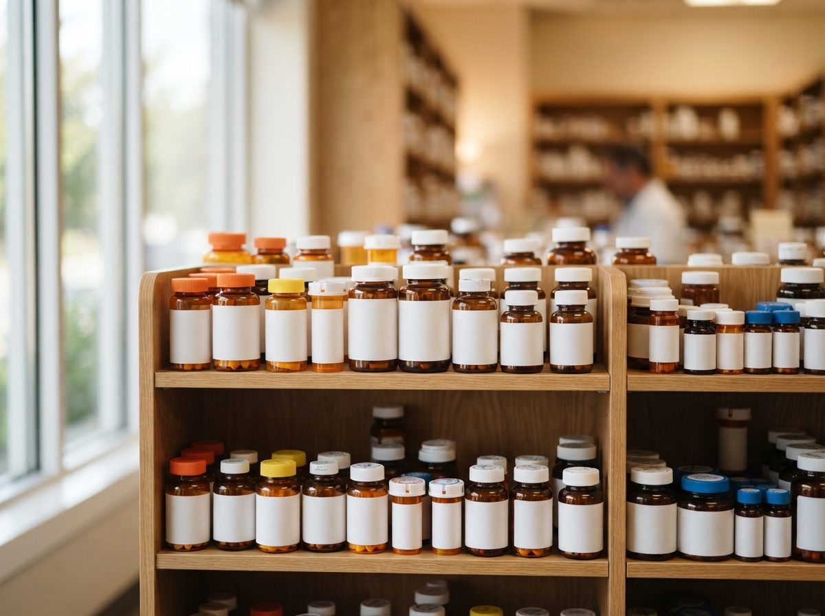 A pharmacist's shelf lined with neatly arranged prescription medicine bottles under soft daylight.