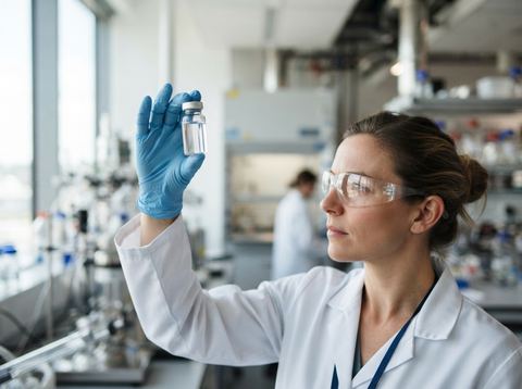Scientist inspecting a glass vial of liquid medicine in a bright, modern pharmaceutical laboratory.