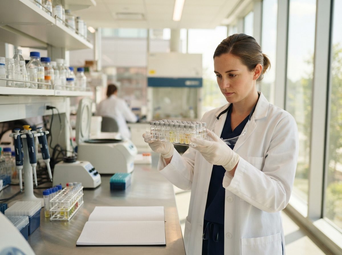Researcher examining vials of medicine on a lab tray inside a sunlit biotech facility.