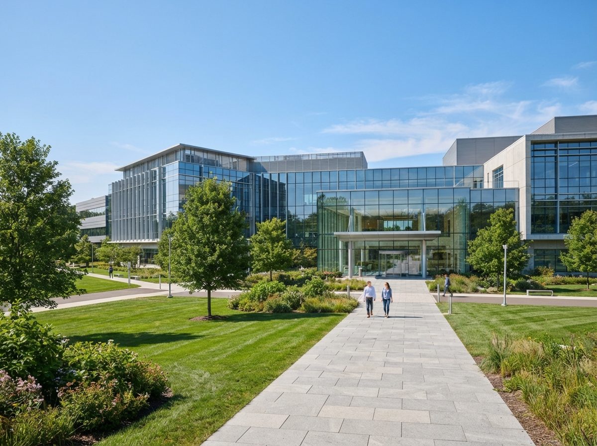 Modern pharmaceutical research campus building with glass architecture under a bright blue sky.