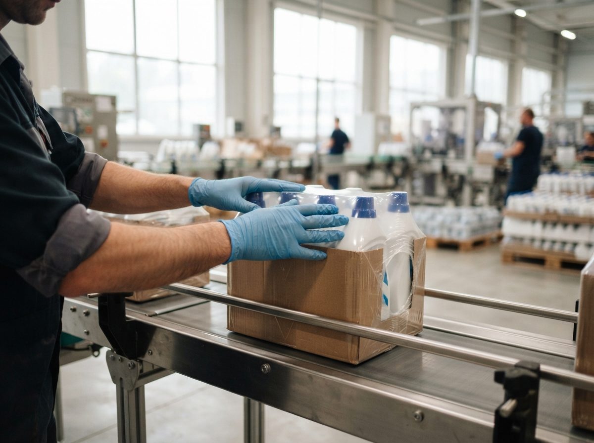 Worker inspecting packaged household products on a factory conveyor line.