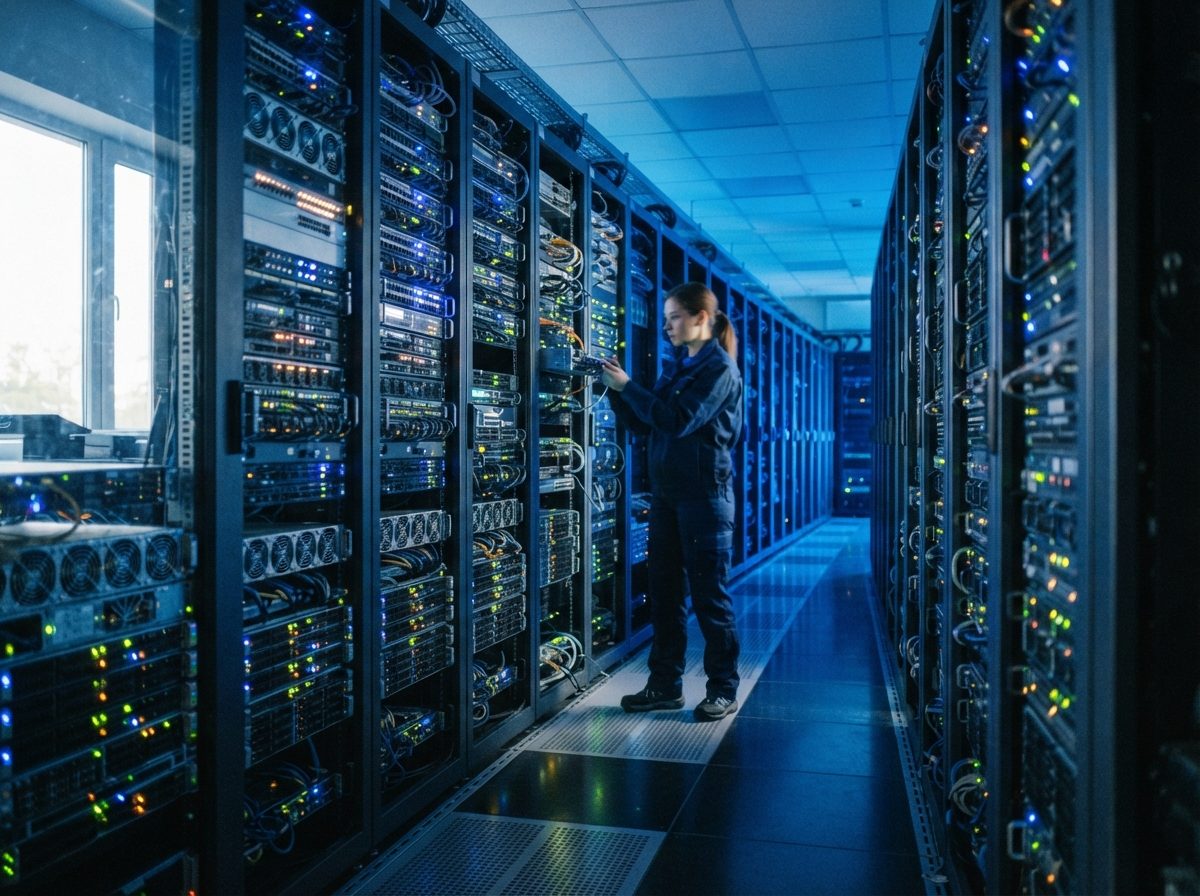 Rows of data server racks glowing with status lights in a cool-toned server room.
