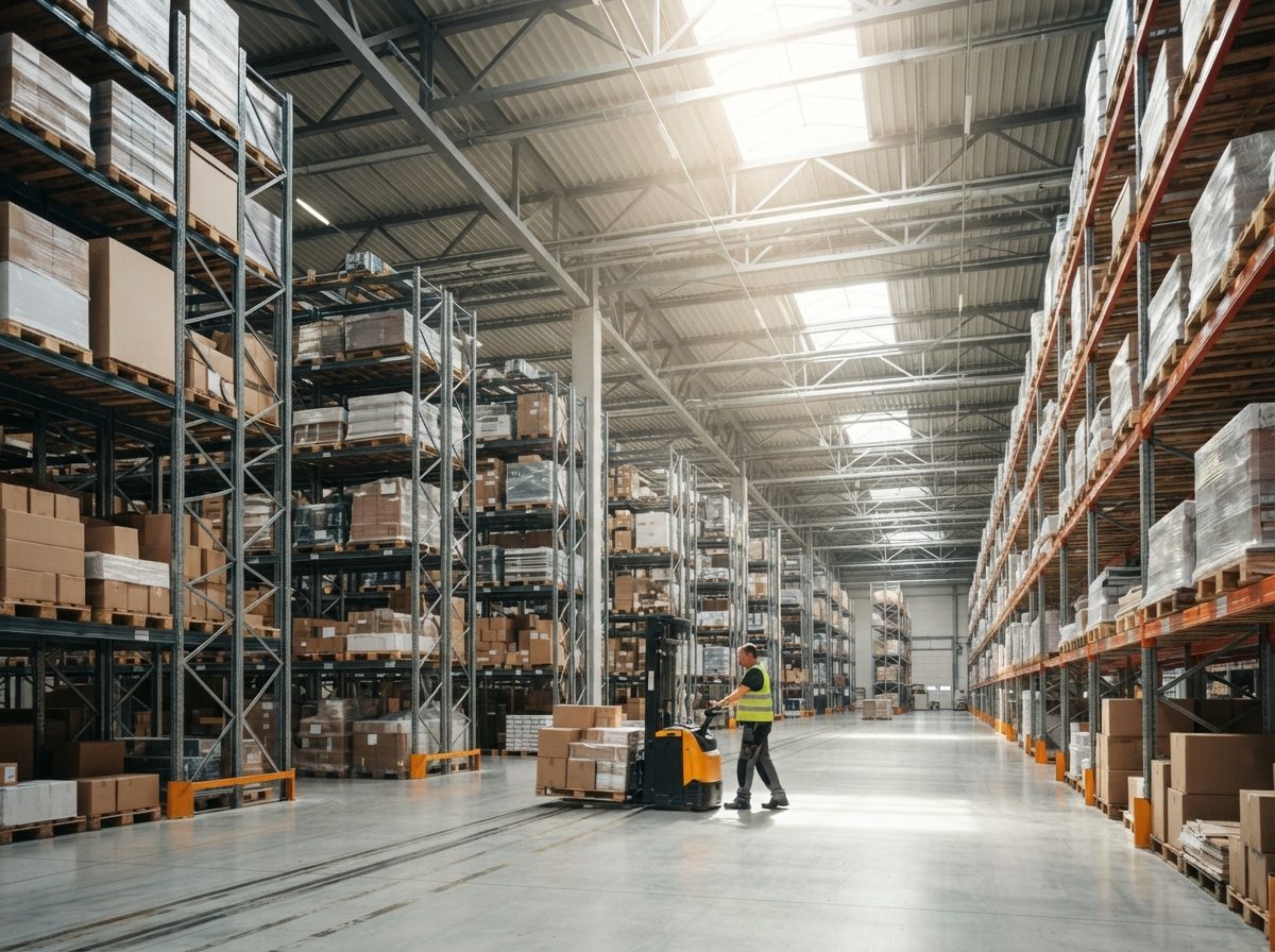 Interior of a spacious industrial warehouse with tall storage racks and natural skylights.