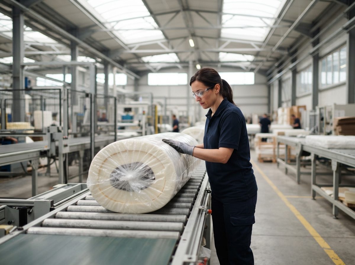 Factory worker inspecting a rolled mattress core on a sunlit manufacturing line.