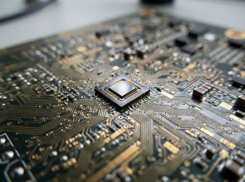 Close-up of a silicon semiconductor chip on a circuit board under bright light