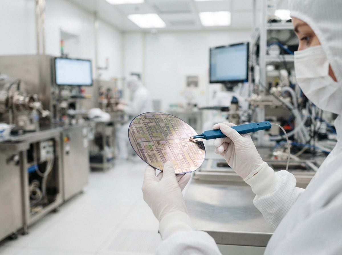 Engineer holding a silicon wafer of chips in a bright cleanroom