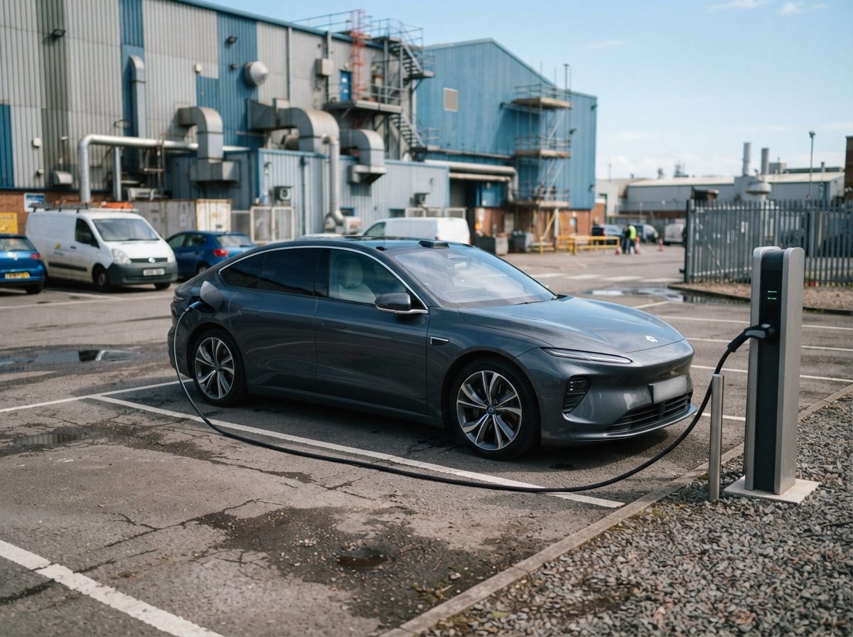 An electric vehicle charging in bright daylight, representing advanced battery technology.