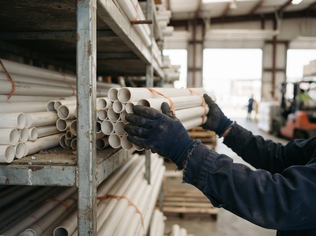 Worker's hands stacking bundles of PVC pipes on a warehouse shelf in daylight.