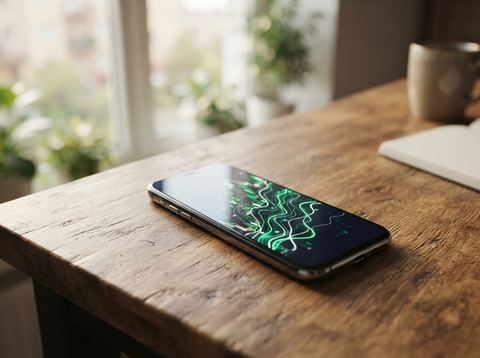 Smartphone on a desk showing an abstract colorful stock chart pattern in soft morning light.