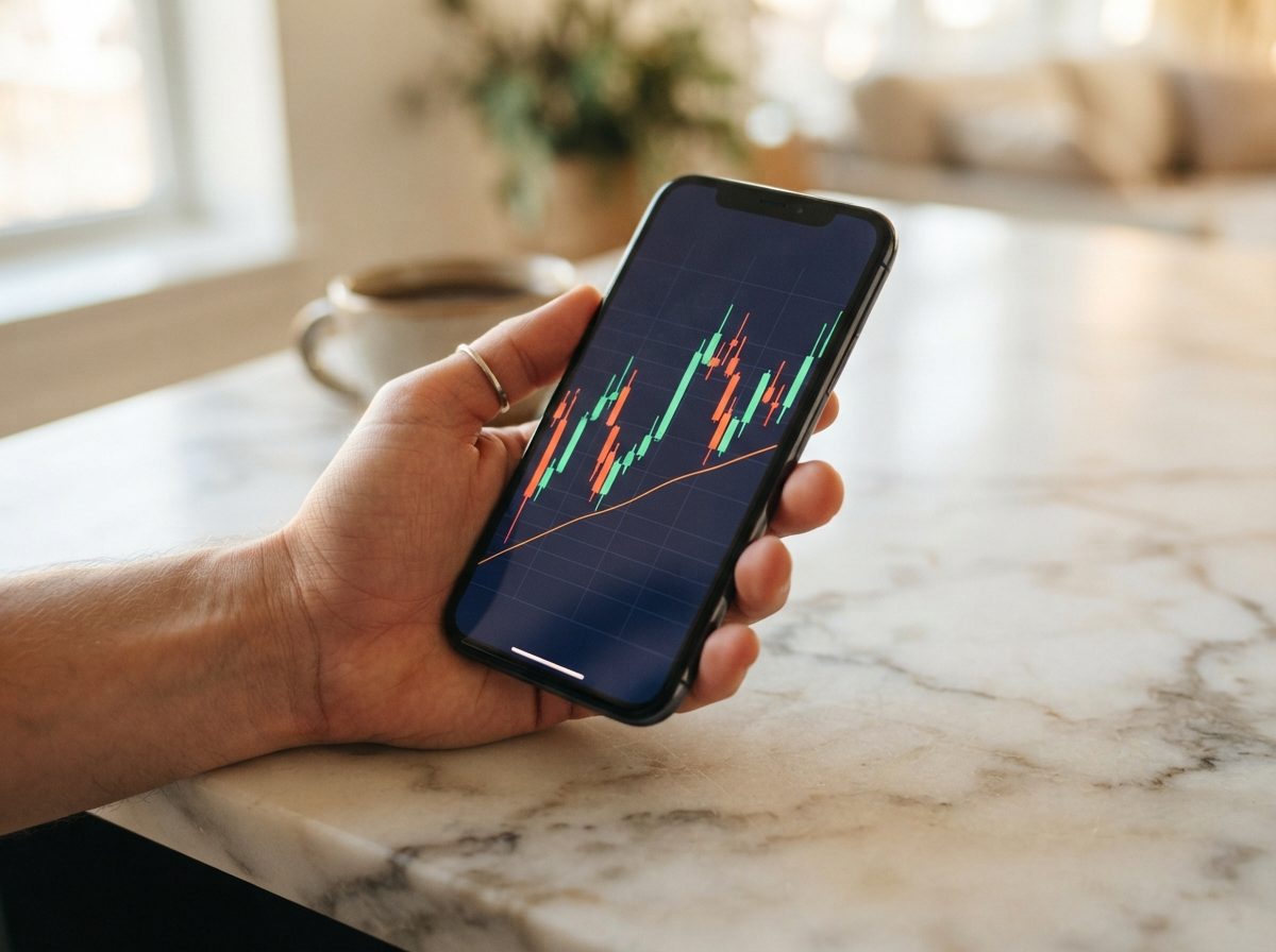 Close-up of a hand holding a smartphone with a colorful trading chart interface on a marble surface.