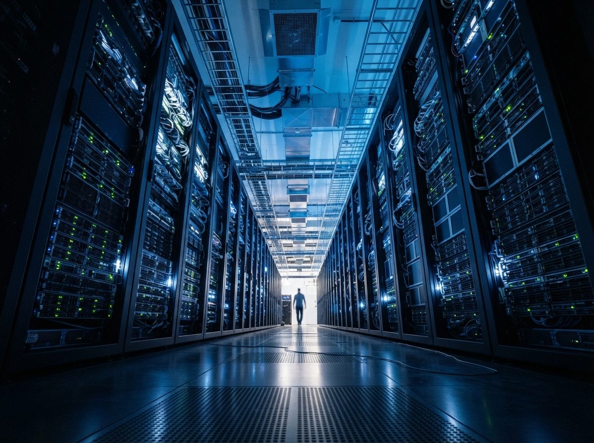 A row of illuminated server racks in a cool-lit data center corridor.