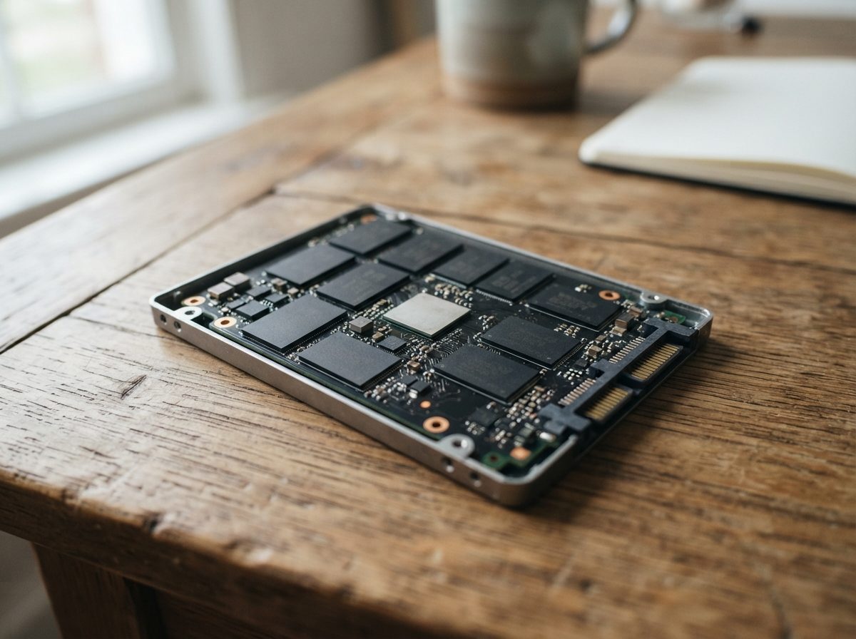 Close-up of an open solid-state drive showing internal circuit boards and memory chips.