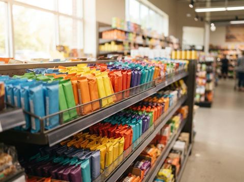 Rows of protein bars and snack packages displayed on a brightly lit grocery store shelf.