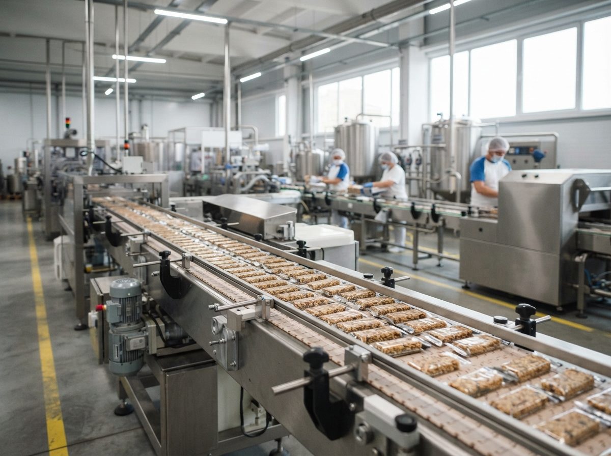 Stainless steel conveyor line moving snack bars through a bright food production facility.