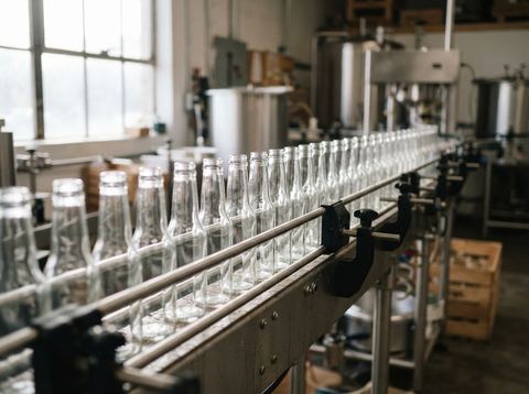 Glass beverage bottles on a small-scale bottling line inside a production facility.