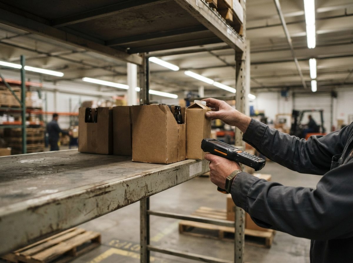 A worker checking a nearly empty warehouse shelf of beverage cases for order fulfillment.